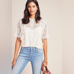 Blue Tassel Chic Lace Blouse in Cream Sz. L